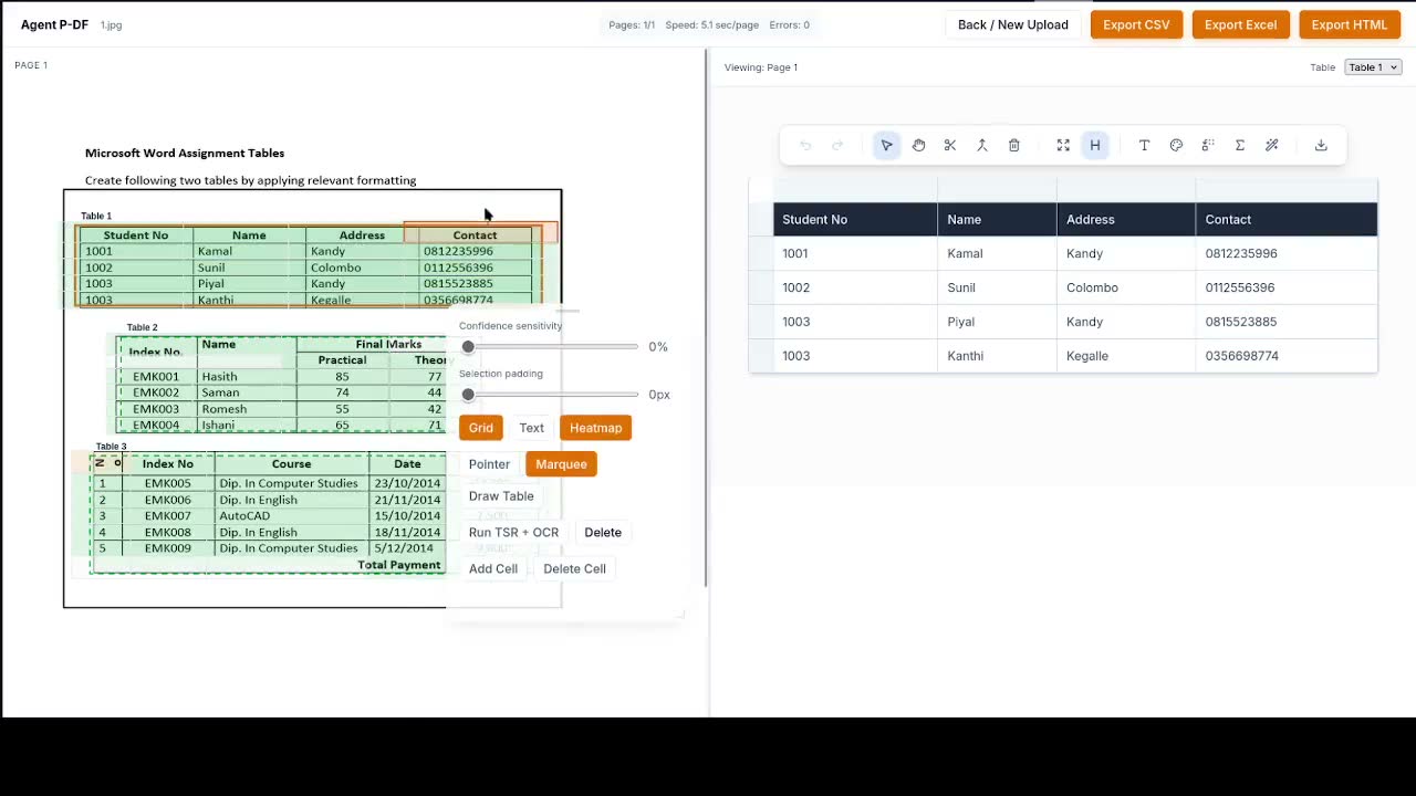 Agent P-DF document and editable table interface