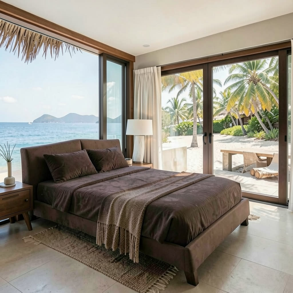 Beach bedroom after reference-guided bed replacement