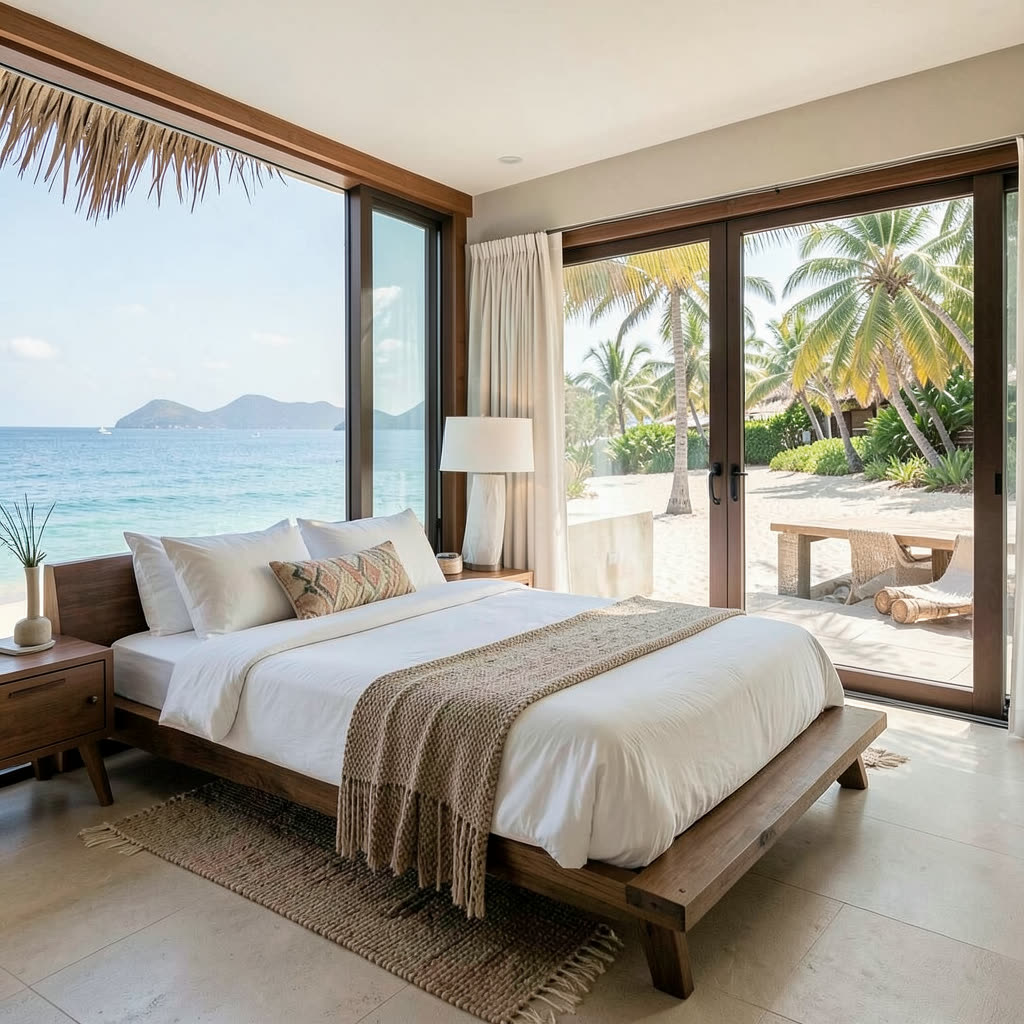 Original beach bedroom before the AI edit