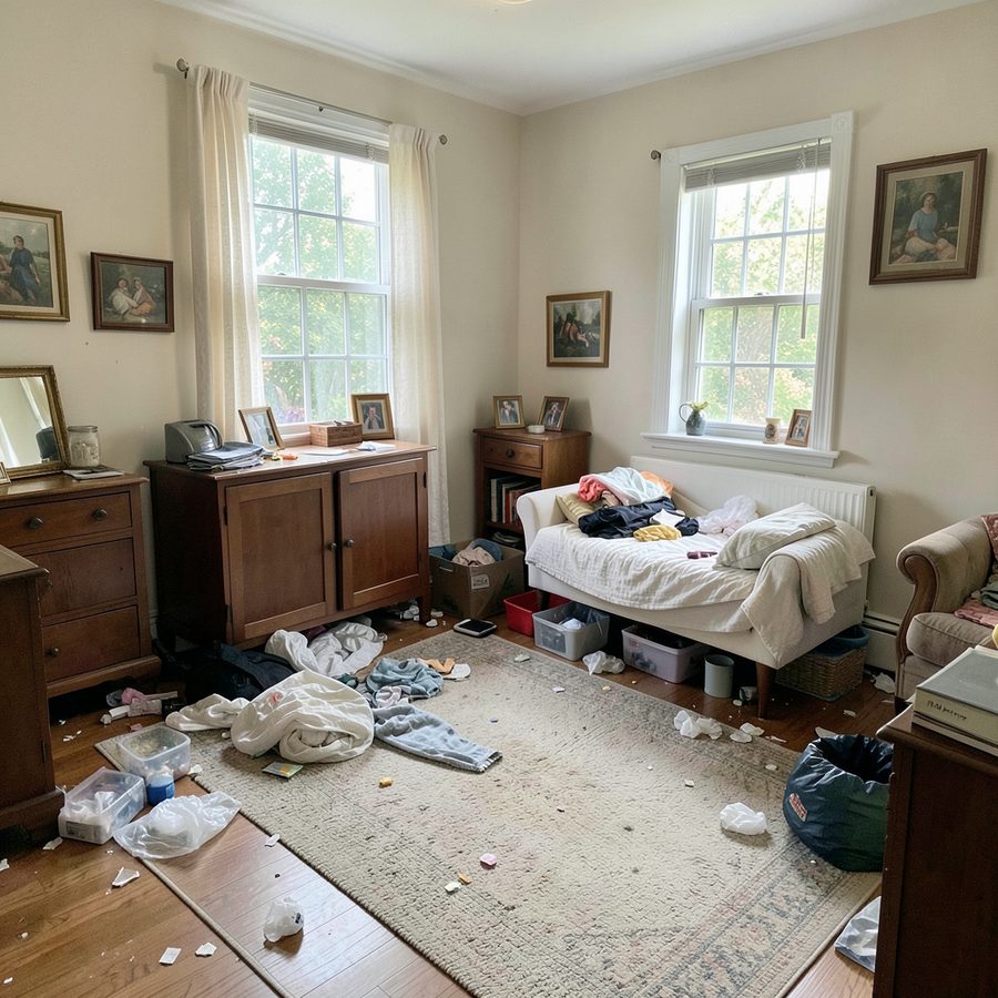 Cluttered room with scattered clothing and unmade bedding