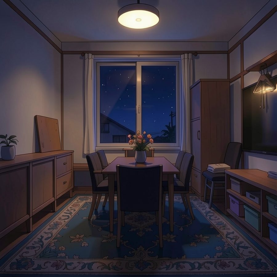 The same dining room re-lit for night with furniture unmoved