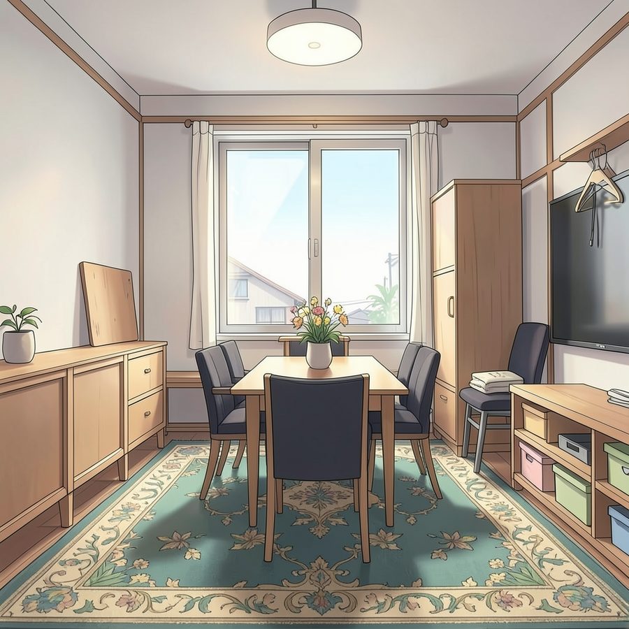 Dining room render in flat daylight