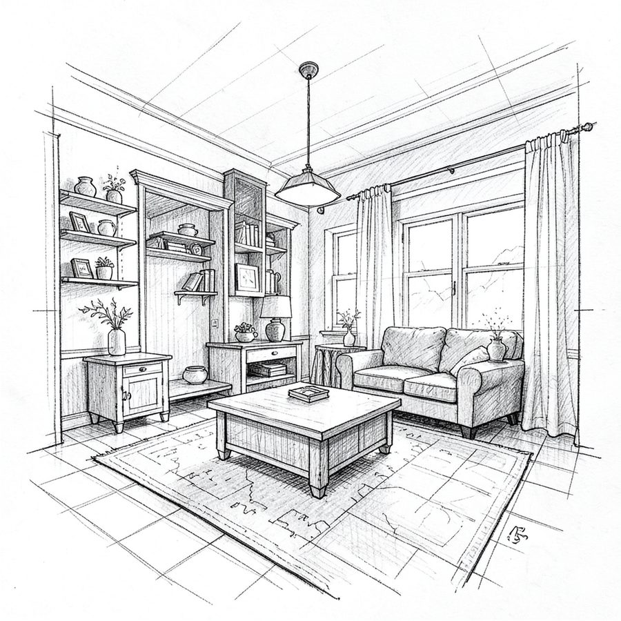 Hand-drawn line sketch of a room