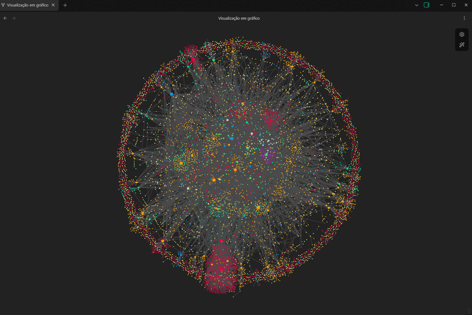 Large circular Obsidian graph with dense, color-coded topic clusters