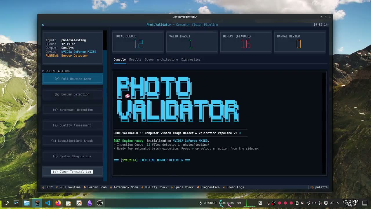 PhotoValidator terminal dashboard