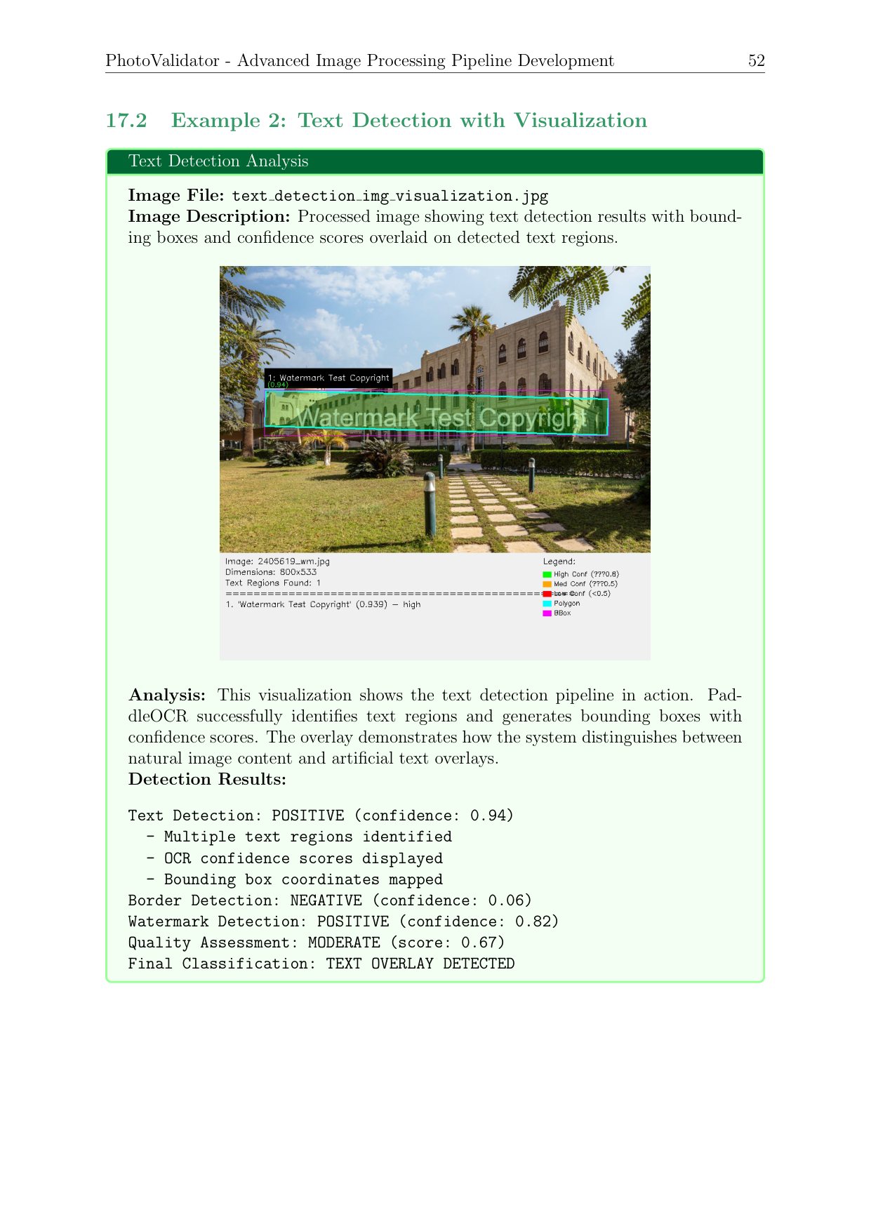 Text detection visualization with bounding boxes and confidence scores.