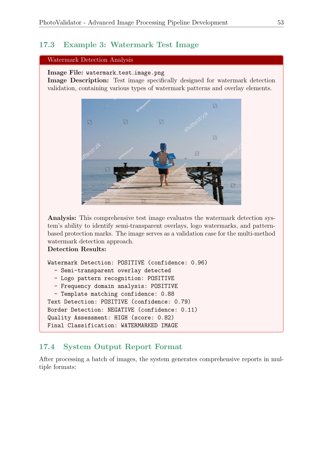 Watermark detection test with multi-method verdict block.